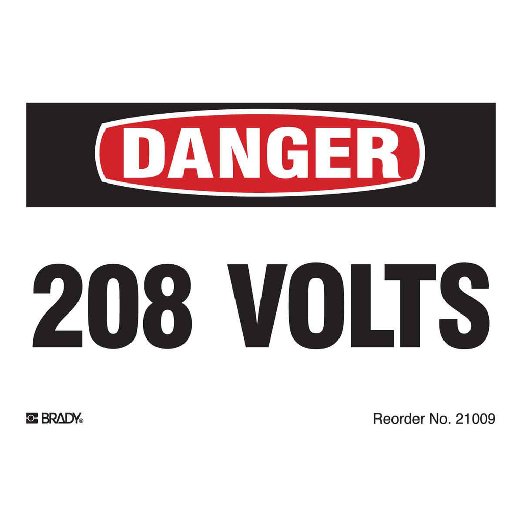 Product image for Brady 21009LS 208 VOLTS, Black/Red on White, 3.5" H x 5" W, Pack of 8 Labels, Plastic