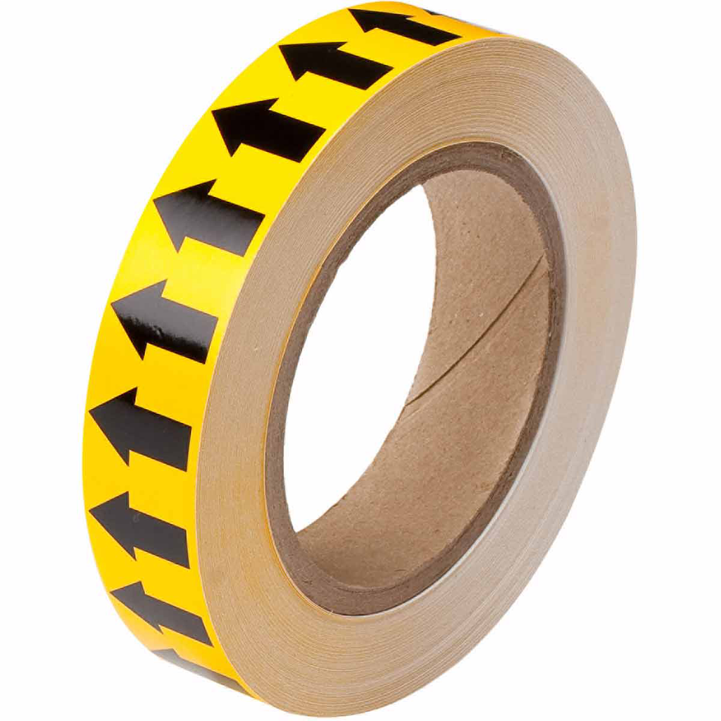 Product image for Brady 91424 Directional Flow Arrow Tape for Pipe Marking - Roll Form, Vinyl, Black on Yellow, 1" x 30 Yd