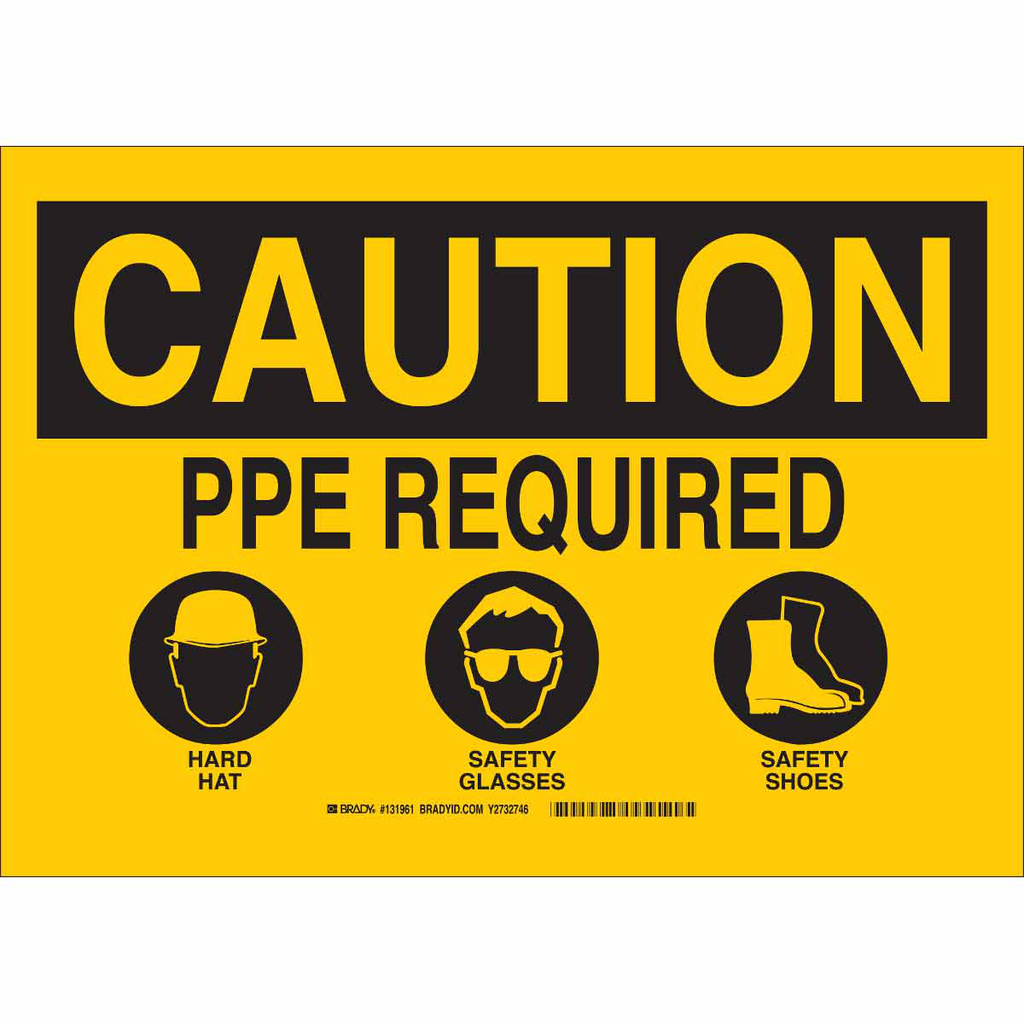 Product image for Brady 131962 CAUTION PPE Required Hard Hat Safety Glasses Safety Shoes Sign, 10" H x 14" W x 0.1" D, Fiberglass