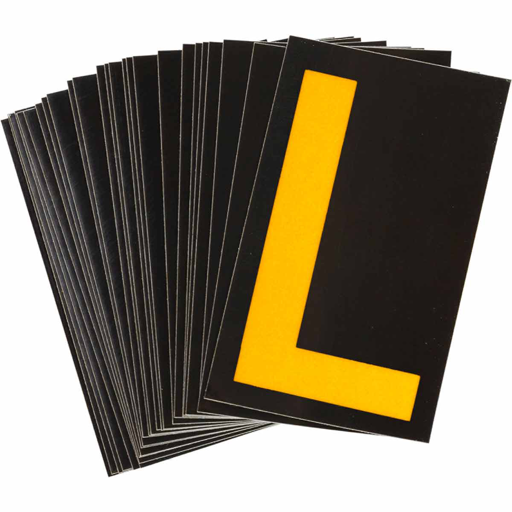 Product image for Brady 5000-L 5000 Series Reflective Number and Letter Labels, 2.875" H x 1.75" W, Pack of 25 Labels, Yellow on Black, L