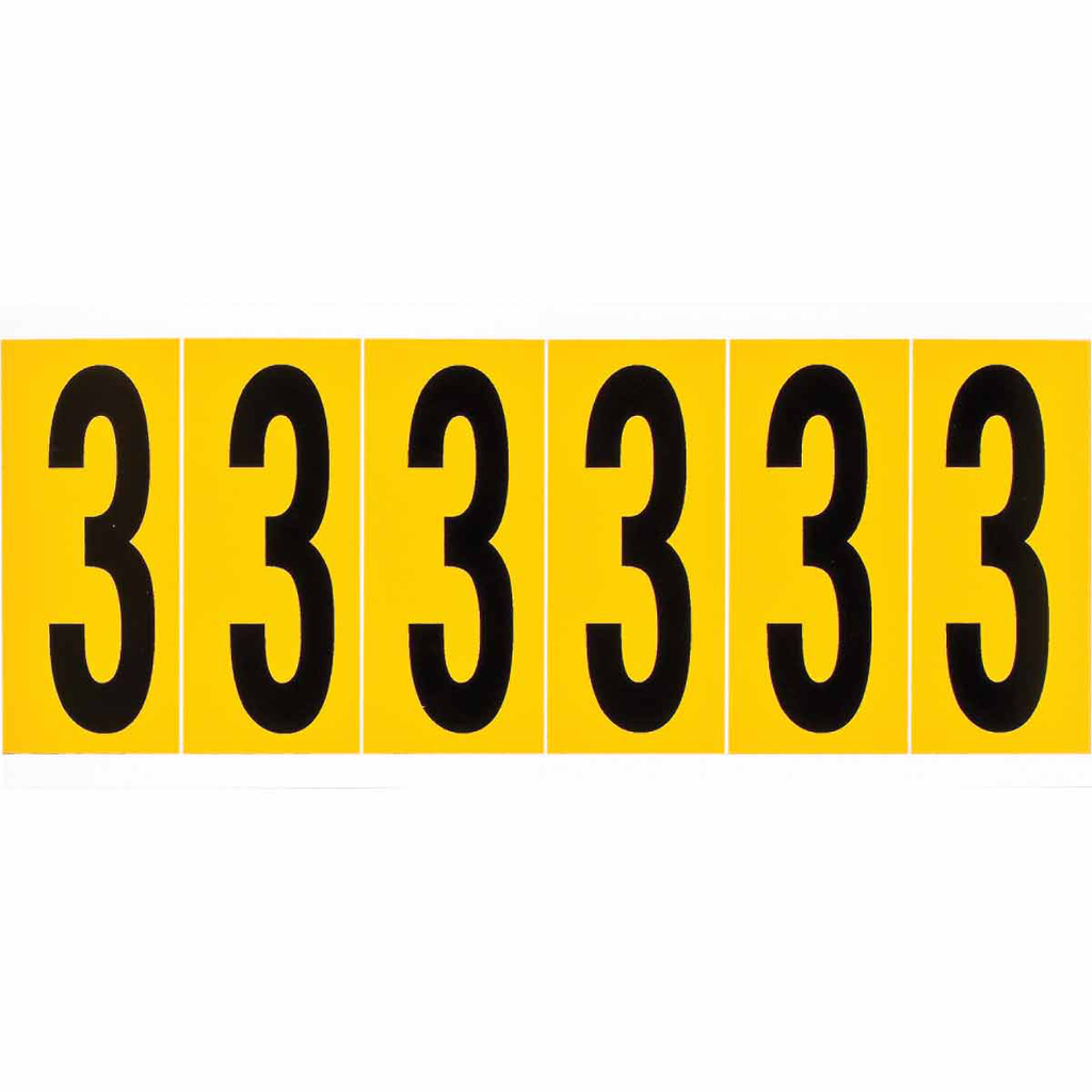 Product image for Brady 1550-3 15 Series Pressure Sensitive Vinyl Number Labels - 2.938" H, Black on Yellow, 3