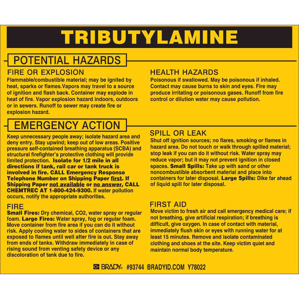 Product image for Brady 93744 TRIBUTYLAMINE Labels, 3.5" H x 4.5" W x 0.005" D, Black on Yellow
