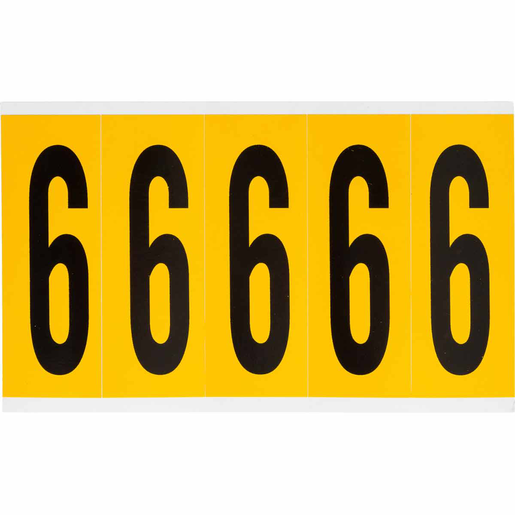 Product image for Brady 1560-6 15 Series Pressure Sensitive Vinyl Number Labels - 3.875" H, Black on Yellow, 6