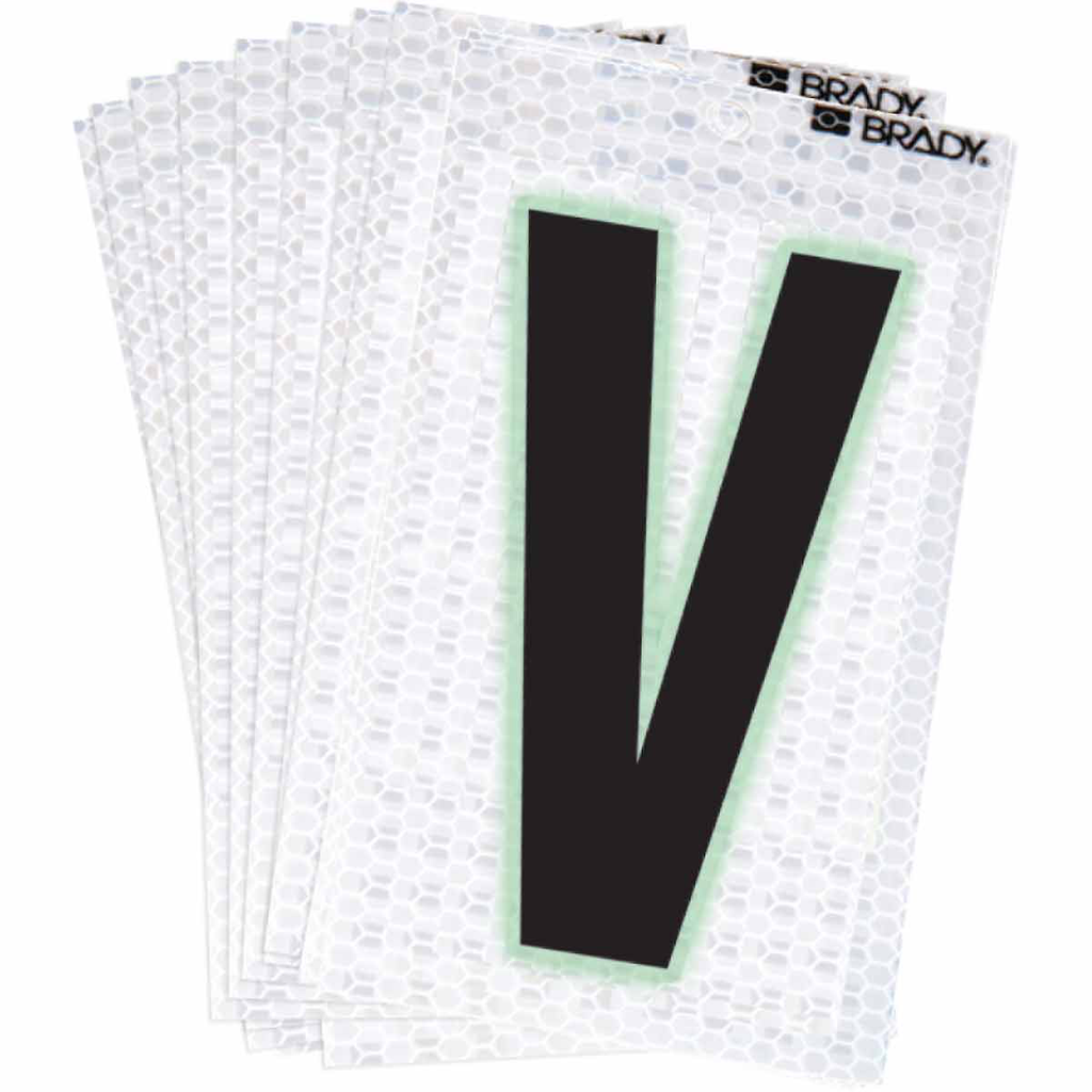 Product image for Brady 3000-V 3000 Series Glow in the Dark Number and Letter Labels, Black/Green Glow on Silver, Pack of 10 Labels, V