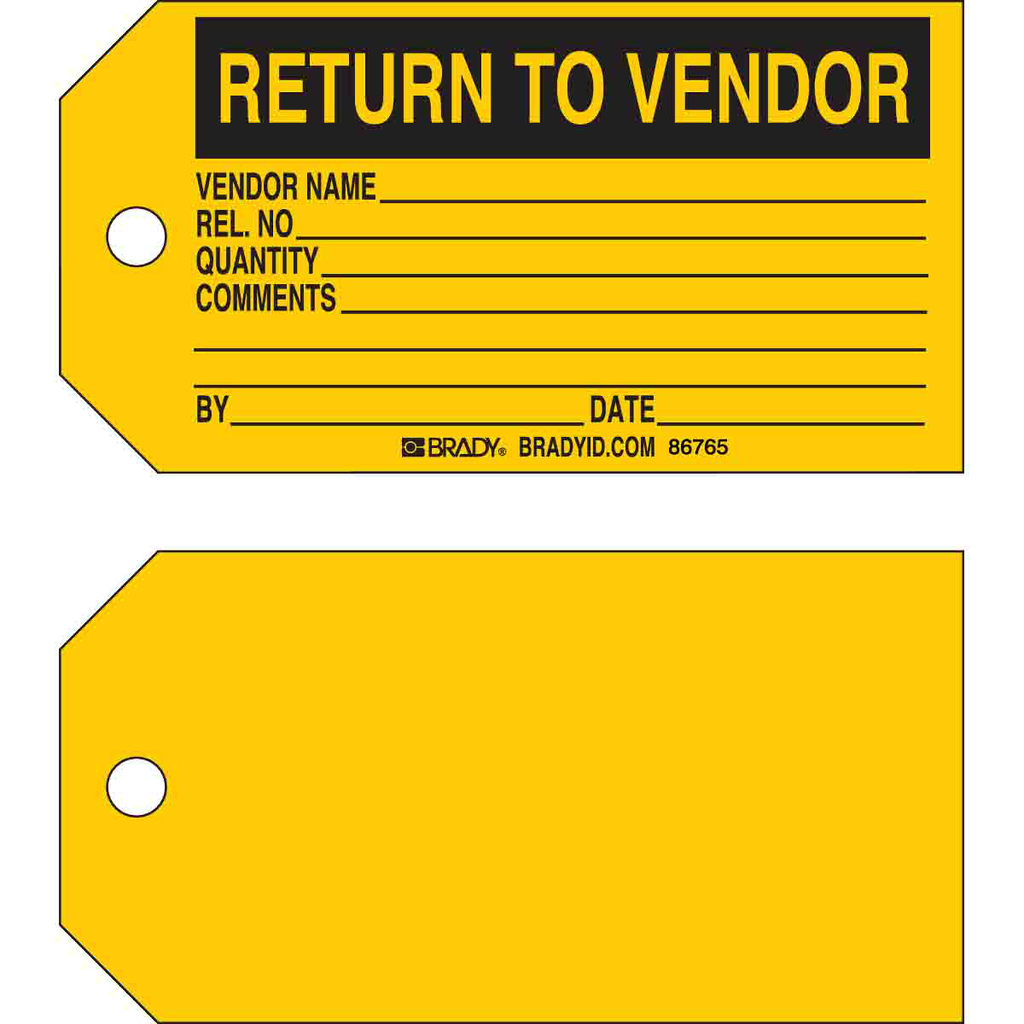 Product image for Brady 86765 RETURN TO VENDOR, VENDOR NAME: REL NO: QUANTITY: COMMENTS: BY: DATE:, Production Tag