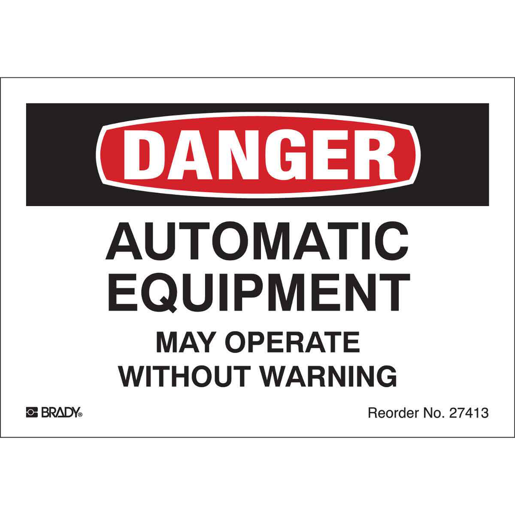 Product image for Brady 27413LS AUTOMATIC EQUIPMENT MAY OPERATE WITHOUT WARNING, 3.5" H x 5" W, Black/Red on White, Pack of 8 Labels