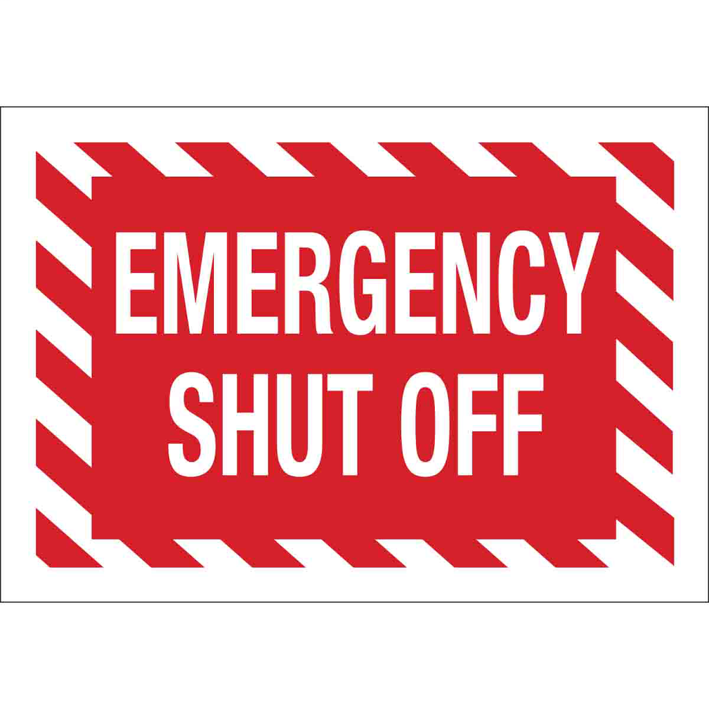 Product image for Brady 122870 Emergency Shut Off Sign, 7" H x 10" W x 0.1" D, White on Red, Fiberglass