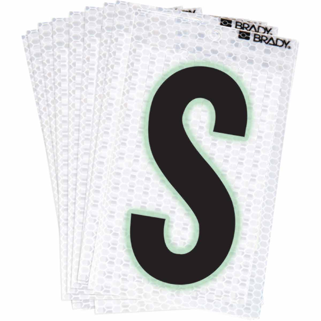 Product image for Brady 3000-S 3000 Series Glow in the Dark Number and Letter Labels, Black/Green Glow on Silver, Pack of 10 Labels, S
