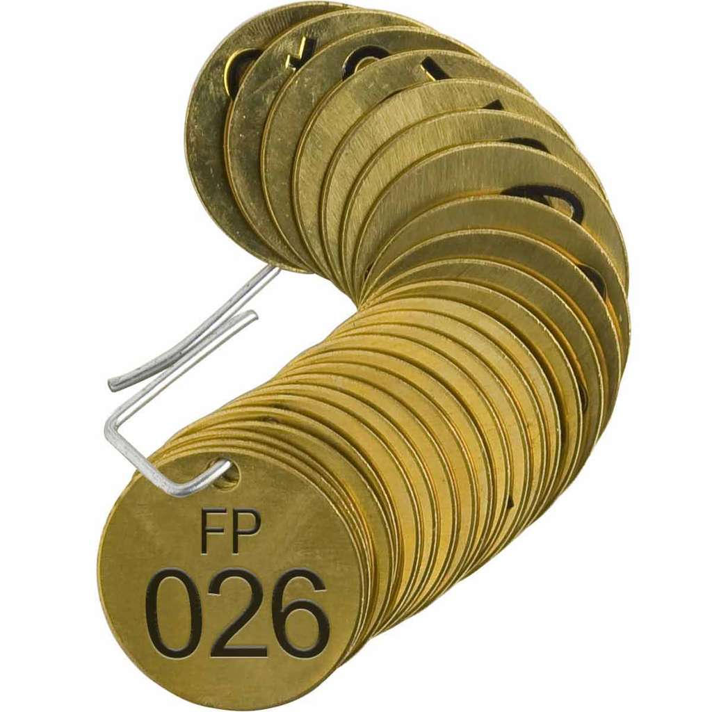 Product image for Brady 23668 Stamped Brass Valve Tags, 1-1/2" Dia, FIRE PROTECTION (FP), 026 - 050, 1/4"
