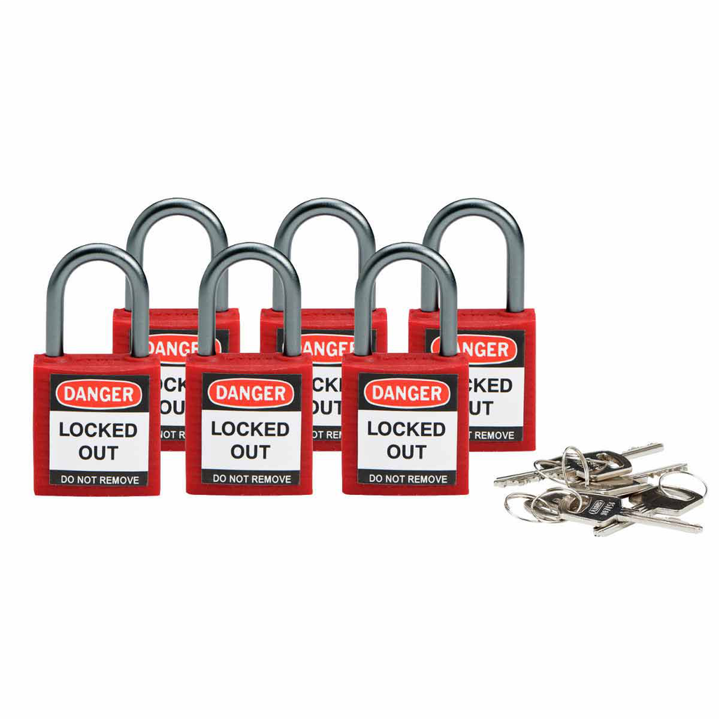 Product image for Brady 118954 Nonconductive Compact Nylon Padlocks - 5-Pin Cylinder, 1 in. Shackle Clearance, Keyed Alike