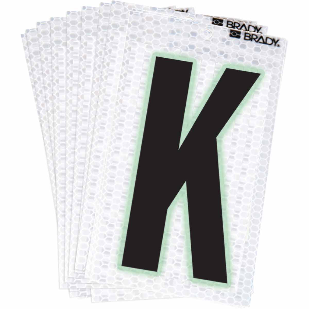 Product image for Brady 3000-K 3000 Series Glow in the Dark Number and Letter Labels, Black/Green Glow on Silver, Pack of 10 Labels, K
