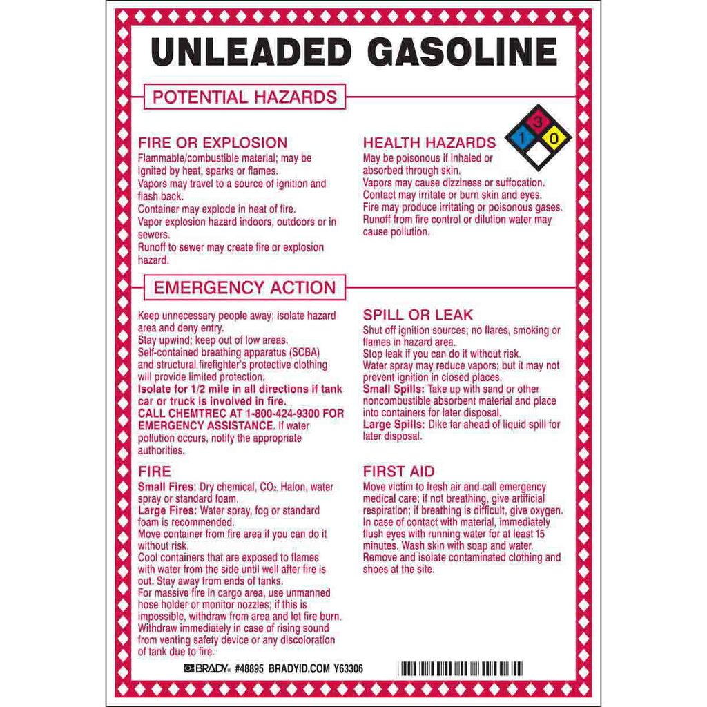 Product image for Brady 48895 Unleaded Gasoline Potential Hazards Sign, 10" H x 7" W x 0.1" D, Black/Blue/Red/Yellow on White
