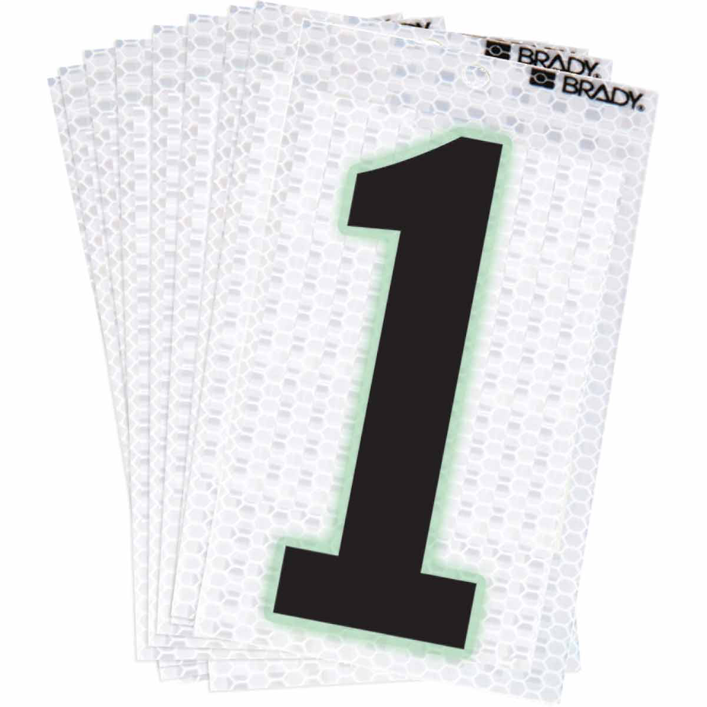 Product image for Brady 3000-1 3000 Series Glow in the Dark Number and Letter Labels, Black/Green Glow on Silver, Pack of 10 Labels, 1