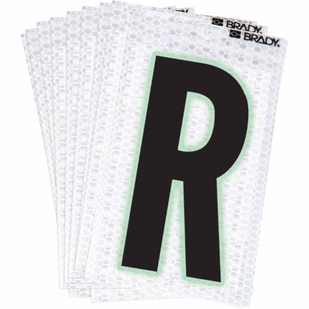 Product image for Brady 3000-R 3000 Series Glow in the Dark Number and Letter Labels, Black/Green Glow on Silver, Pack of 10 Labels, R