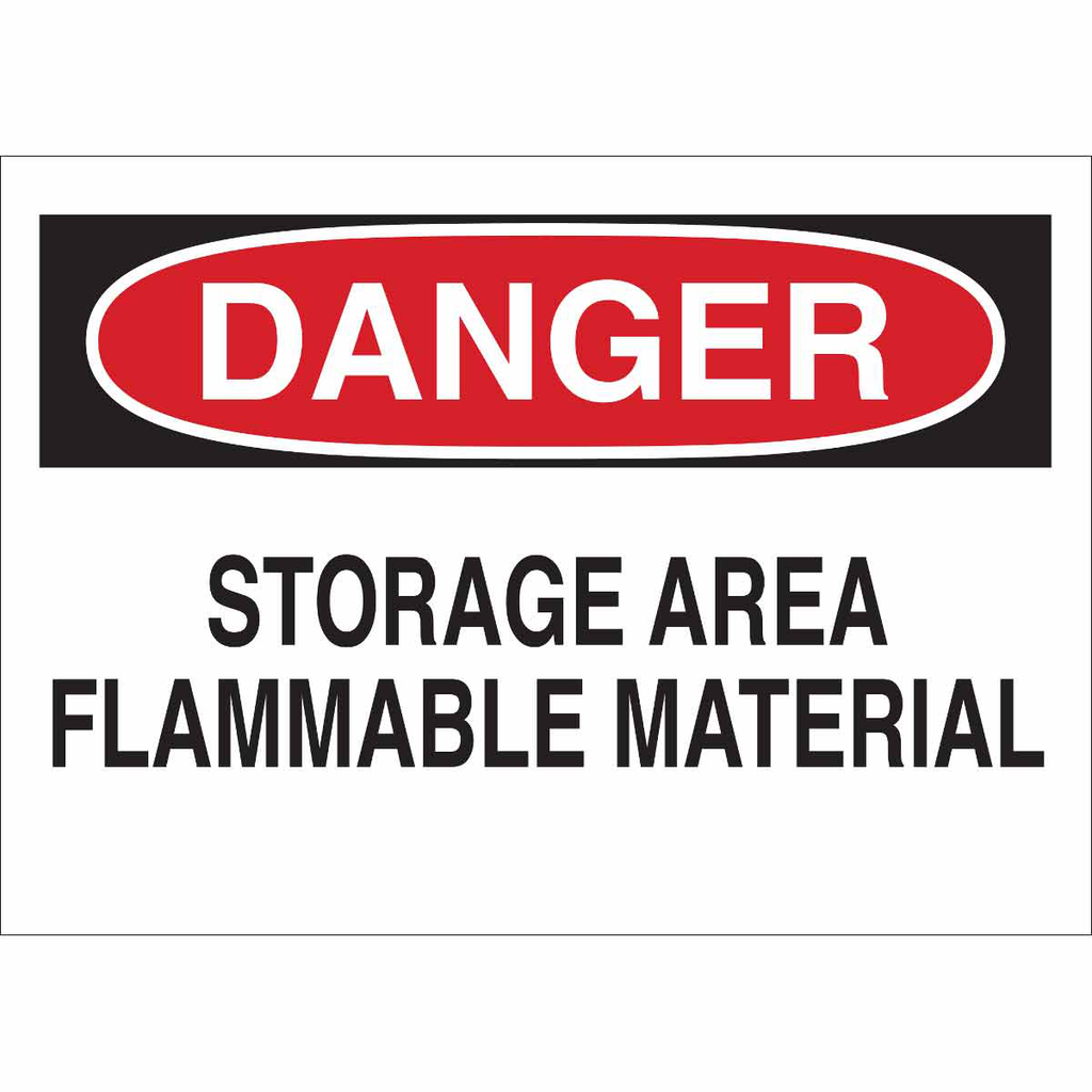 Product image for Brady 43255 DANGER Storage Area Flammable Material Sign, 7" H x 10" W x 0.035" D, Black/Red on White, Aluminum