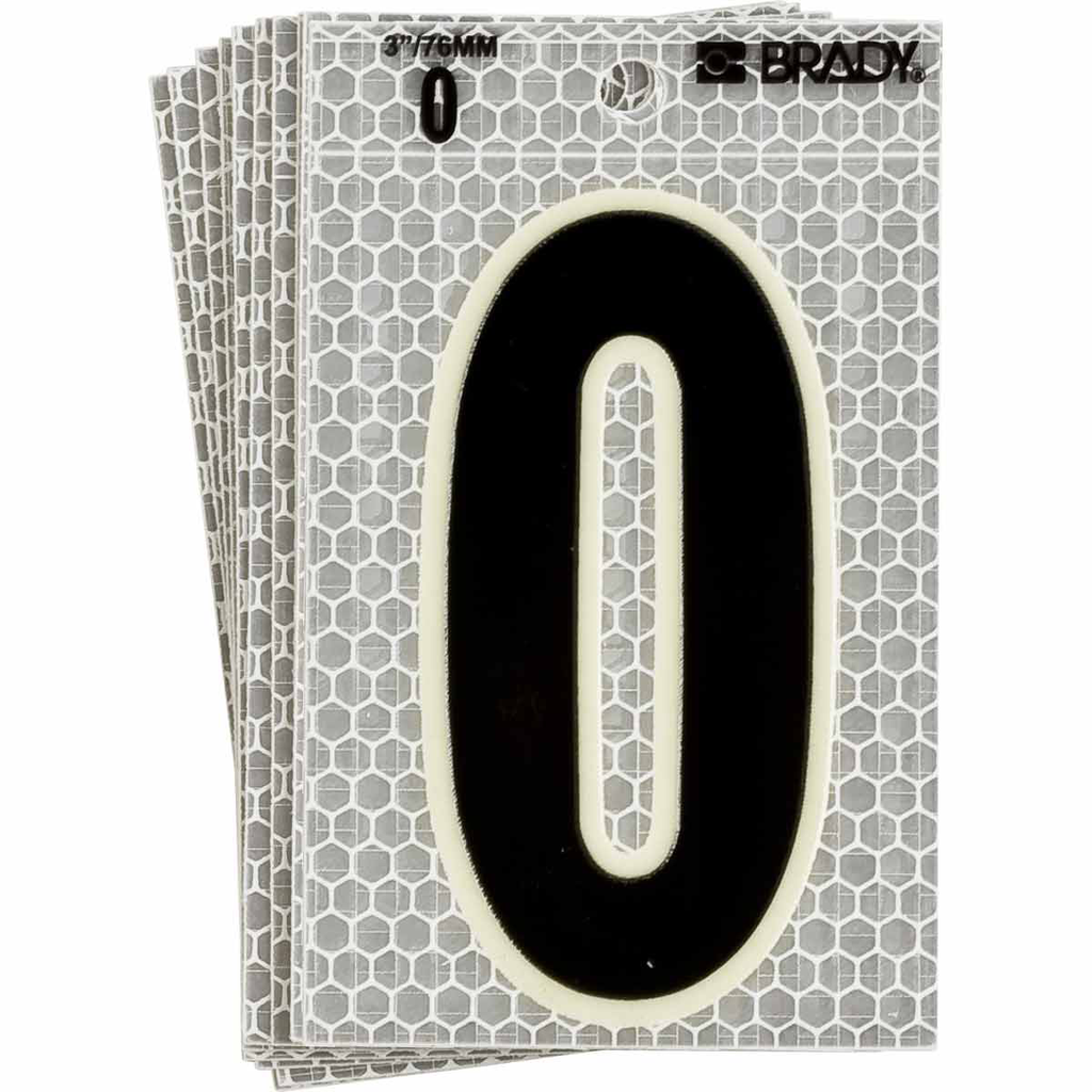 Product image for Brady 3020-0 3020 Series Glow in the Dark Number and Letter Labels, Black/Green Glow on Silver, Pack of 10 Labels, 0