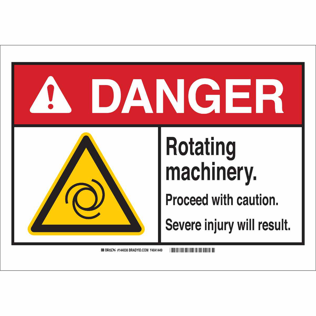 Product image for Brady 144036 DANGER Rotating Machinery. Proceed With Caution Or Severe Injury Will Result. Sign, 7" H x 10" W x 0.006" D, Polyester