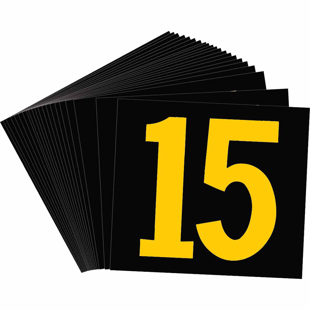 Product image for Brady 50012 KVA Series Reflective Number and Letter Labels, Yellow on Black, Pack of 25 Labels, 15