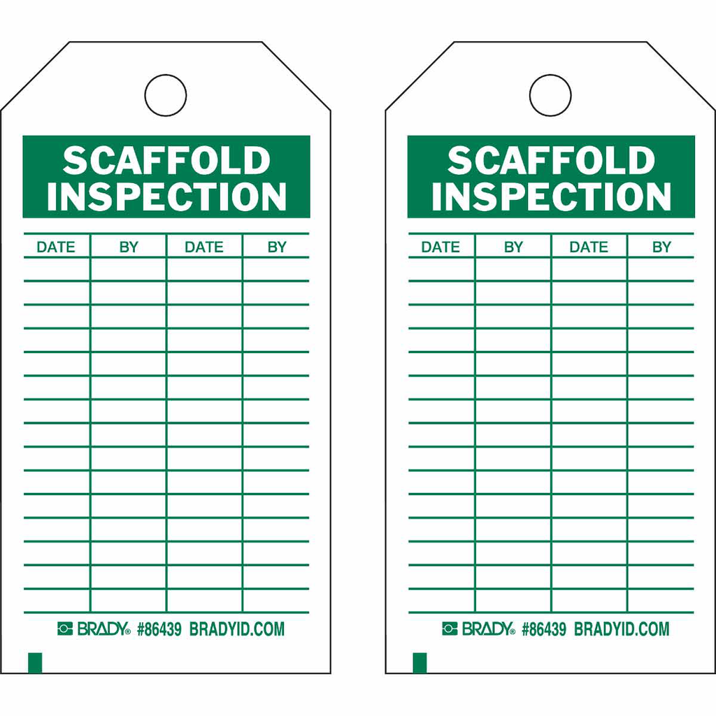 Product image for Brady 86621 Inspection / Material Control Tags: SCAFFOLD INSPECTION: DATE: BY: DATE: BY:, 7" H x 4" W, Green on White