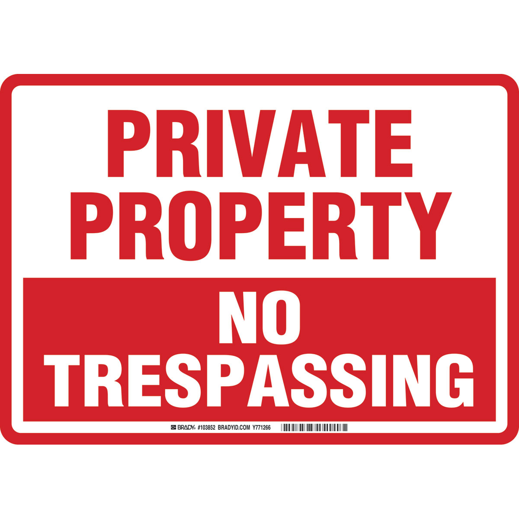 Product image for Brady 103852 Private Property No Trespassing Sign, 10" H x 14" W x 0.06" D, Polystyrene, Red on White