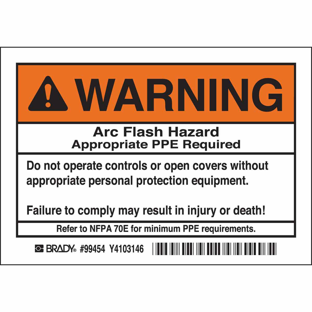Product image for Brady 99454 Arc Flash Labels - Do not operate controls w/o personal protection, 3.5" H x 5" W x 0.006" D, Pack of 5 Labels, Black/Orange on White