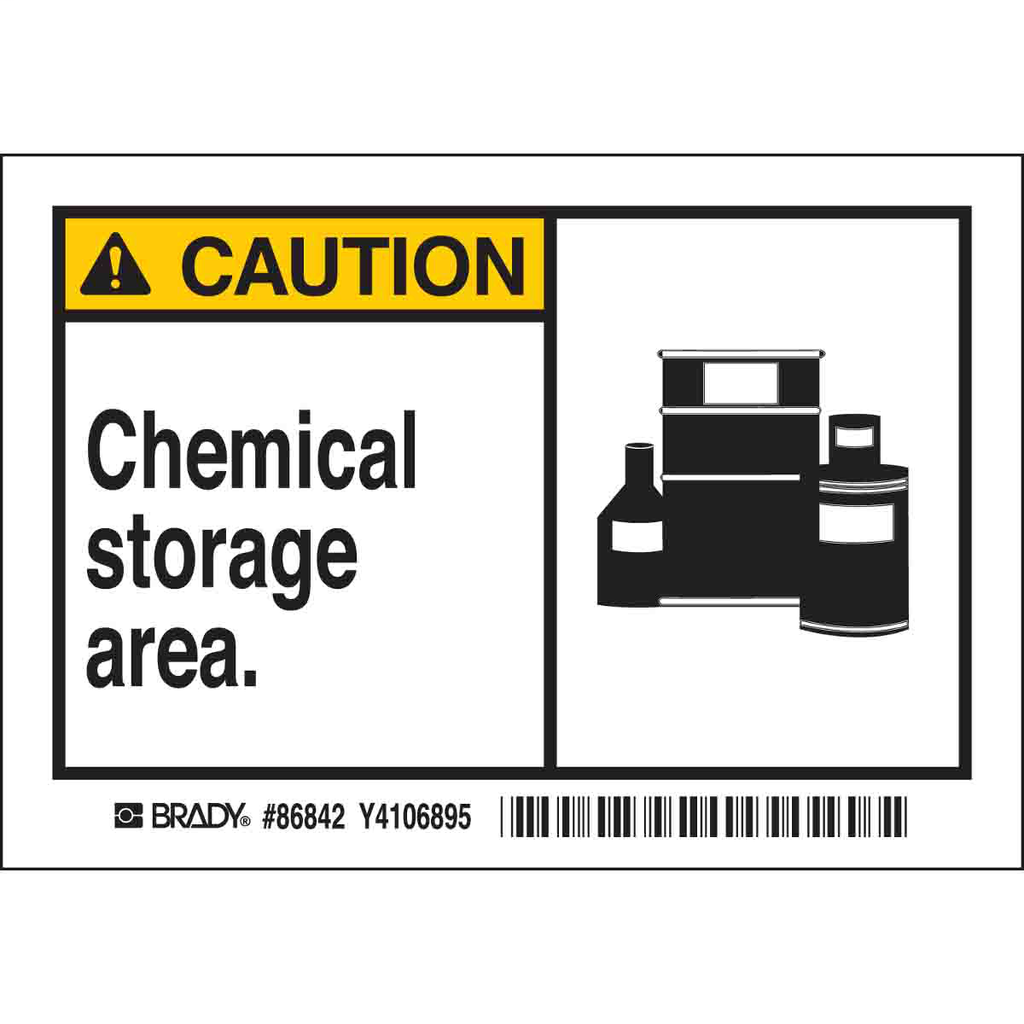 Product image for Brady 86842 CAUTION Chemical Storage Area. Labels, 3.5" H x 5" W x 0.006" D, Black/Yellow on White