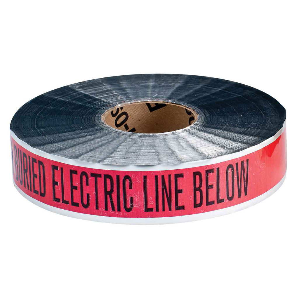 Product image for Brady 91601 Identoline Underground Tape Roll - Polyester-Encased Aluminum, CAUTION BURIED ELECTRIC LINE BELOW, Black on Red, 2" x 1000'