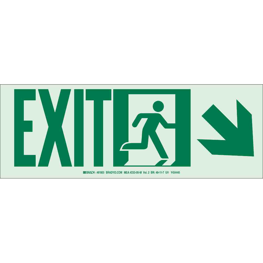 Product image for Brady 81803 BradyGlo NYC Approved Exit With Running Man And Down/Right Arrow Sign, 5" H x 14" W x 0.0096" D, Pack of 10 Each