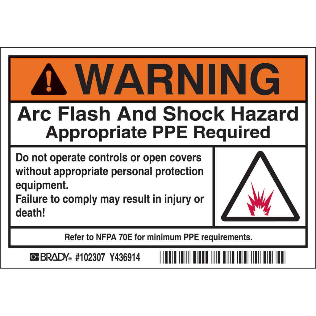 Product image for Brady 102307 Arc Flash Labels, WARNING w/Pictogram - Self-Sticking Polyester, 3.5" H x 5" W x 0.006" D, Roll of 100 Labels, Black/Orange on White