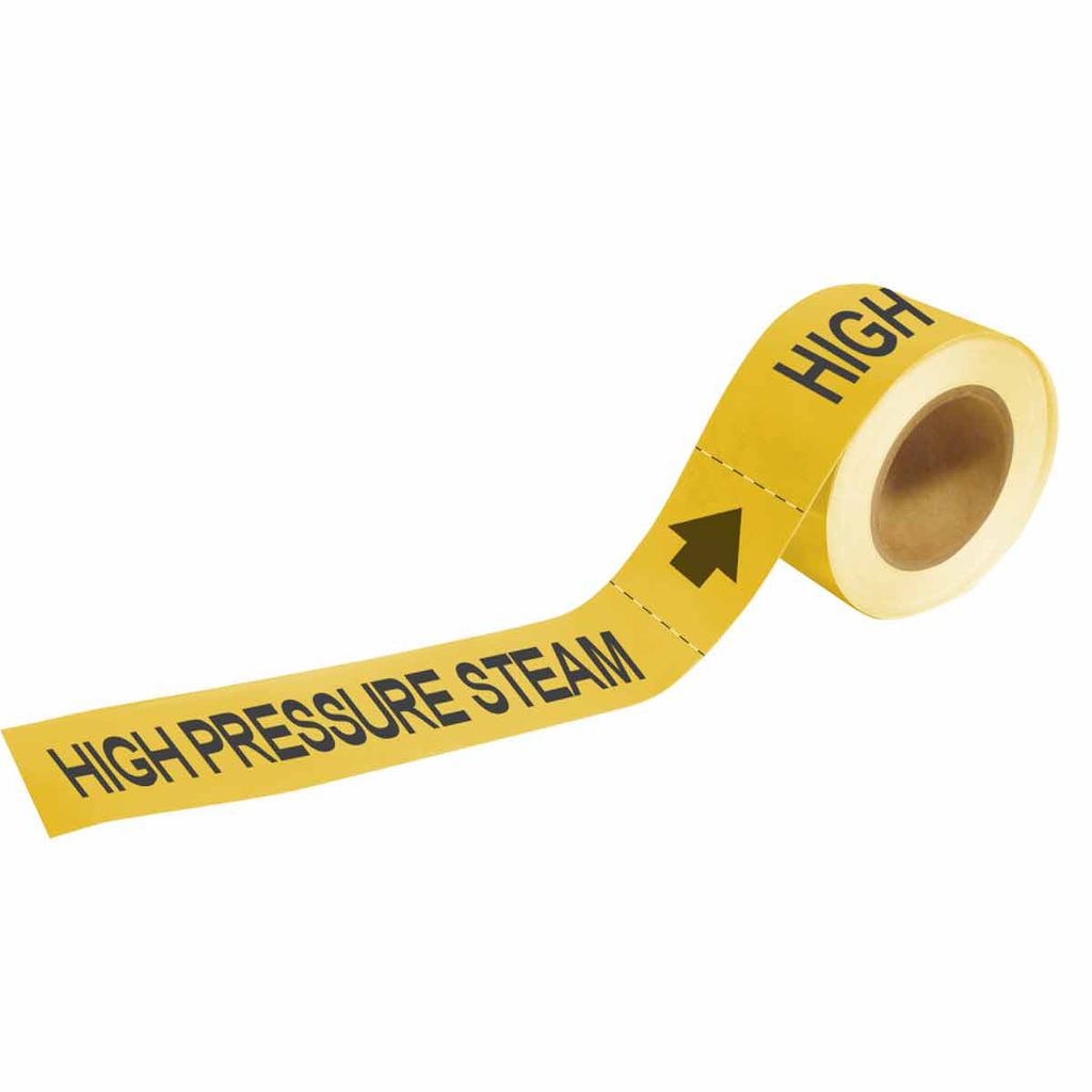 Product image for Brady 73900 Self-Adhesive Pipe Marker: HIGH PRESSURE STEAM, 2" H x 12" W, Roll of 25 Each, Fits Pipes 2.5" Dia. Thru 6" Dia.