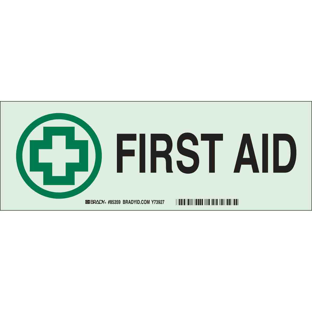 Product image for Brady 73538 BradyGlo First Aid Sign, 3.5" H x 10" W x 0.008" D, Polyester