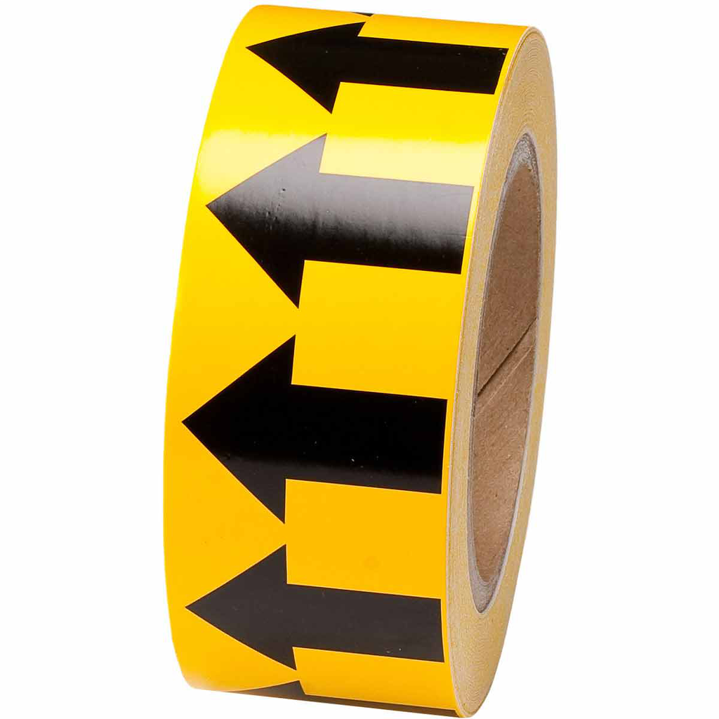 Product image for Brady 91420 Directional Flow Arrow Tape for Pipe Marking - Roll Form, Vinyl, Black on Yellow, 2" x 30 Yd
