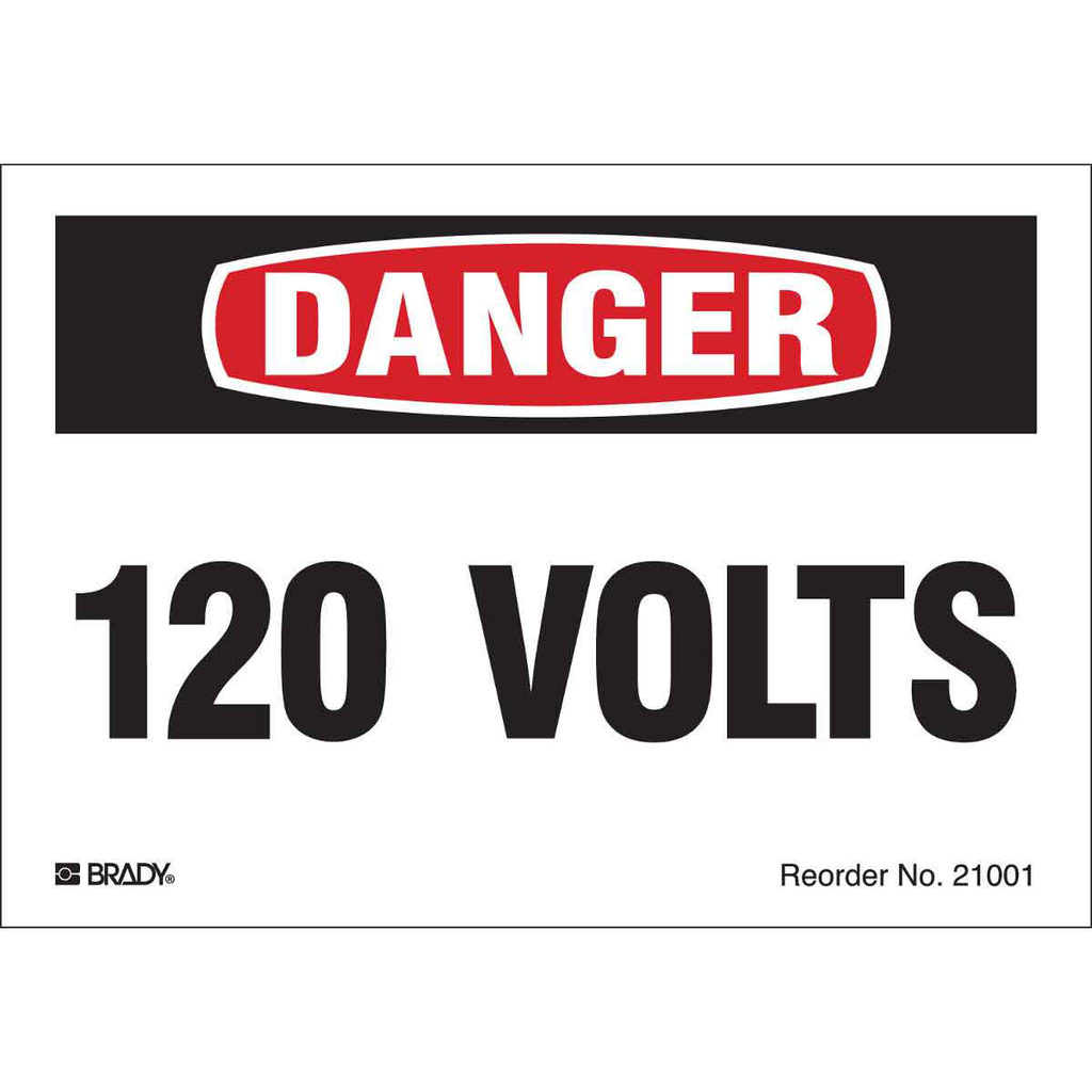 Product image for Brady 21001LS 120 VOLTS, Black/Red on White, 3.5" H x 5" W, Pack of 8 Labels, Plastic