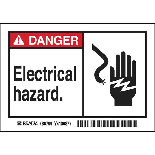 Product image for Brady 86799 DANGER ELECTRIC HAZARD. Labels, 3.5" H x 5" W x 0.006" D, Black/Red on White