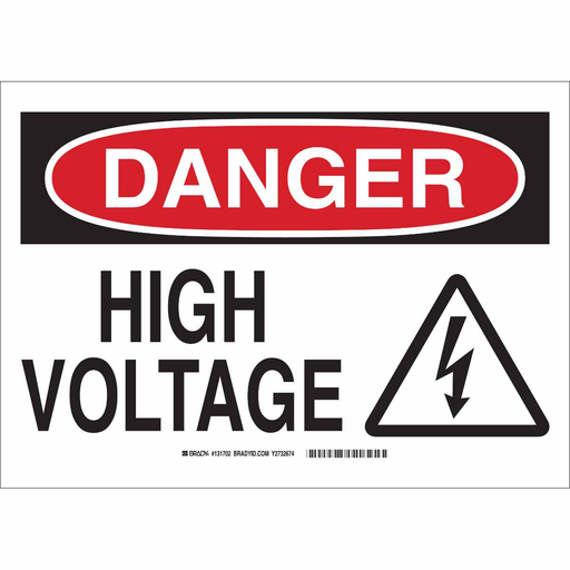 Product image for Brady 131698 DANGER High Voltage w/Bolt Pictogram Sign, 10" H x 14" W x 0.035" D, Aluminum