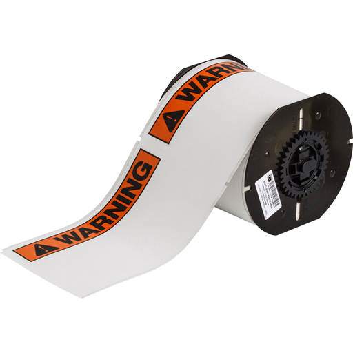 Product image for Brady B30-25-854-ANSIWA B30 Series ToughWash Metal Detectable Polyester Labels with Header, 4" H x 6.25" W, Roll of 100 Labels, Black/Orange on White