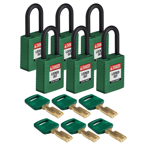 Product image for Brady NYL-GRN-38PL-KD6PK Brady SafeKey Lockout Padlock Nylon Grn 1.5" Plastic Shkl Keyed Different 6 Pk