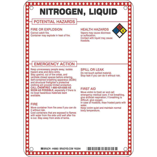 Product image for Brady 48883 Nitrogen, Liquid Potential Hazards Sign, 10" H x 7" W x 0.1" D, Black/Blue/Red/Yellow on White