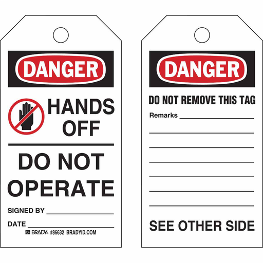 Product image for Brady 86632 Accident Prevention Tags: DANGER: HANDS OFF DO NOT OPERATE SIGNED BY: DATE:, Paper