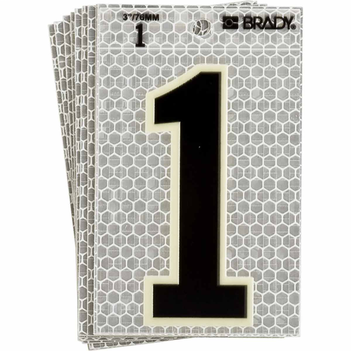 Product image for Brady 3020-1 3020 Series Glow in the Dark Number and Letter Labels, Black/Green Glow on Silver, Pack of 10 Labels, 1