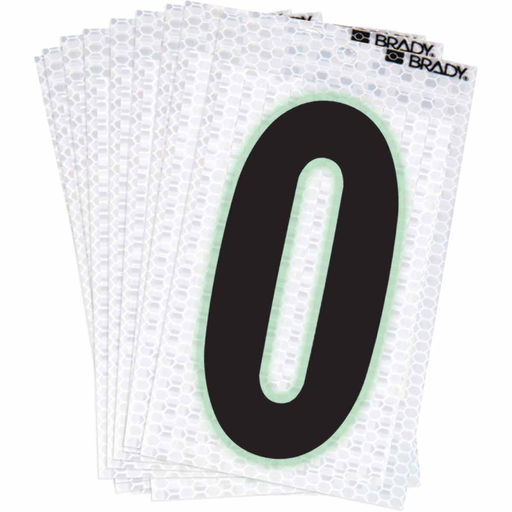Product image for Brady 3000-0 3000 Series Glow in the Dark Number and Letter Labels, Black/Green Glow on Silver, Pack of 10 Labels, 0