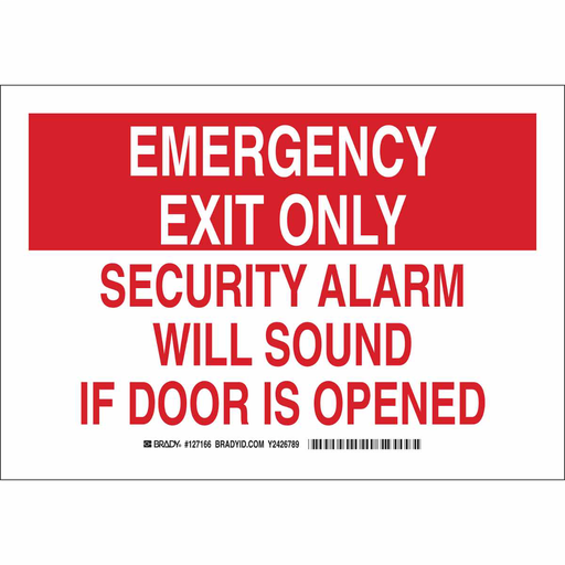 Product image for Brady 127168 EMERGENCY EXIT ONLY Security Alarm Will Sound If Door Is Opened Sign, 10" H x 14" W x 0.06" D, Red/White, Polystyrene