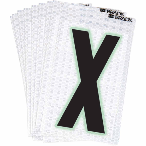 Product image for Brady 3000-X 3000 Series Glow in the Dark Number and Letter Labels, Black/Green Glow on Silver, Pack of 10 Labels, X