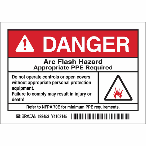 Product image for Brady 99453 Arc Flash Labels, DANGER w/Pictogram- Self-Sticking Polyester, 3.5" H x 5" W x 0.006" D, Pack of 5 Labels, Black/Red on White