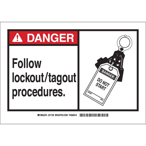 Product image for Brady 83902 DANGER Follow Lockout/Tagout Procedures. Sign, 3.5" H x 5" W x 0.006" D, Polyester