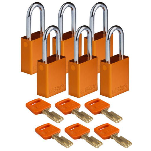 Product image for Brady ALU-ORG-38ST-KD6PK Brady SafeKey Lockout Padlock Aluminum Org 1.5" Steel Shkl Keyed Different 6 Pk