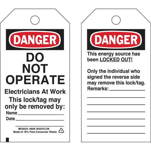 Product image for Brady 65444 Lockout Tags: DANGER: DO NOT OPERATE Electricians At Work, Only the individual who signed the reverse side may remove?