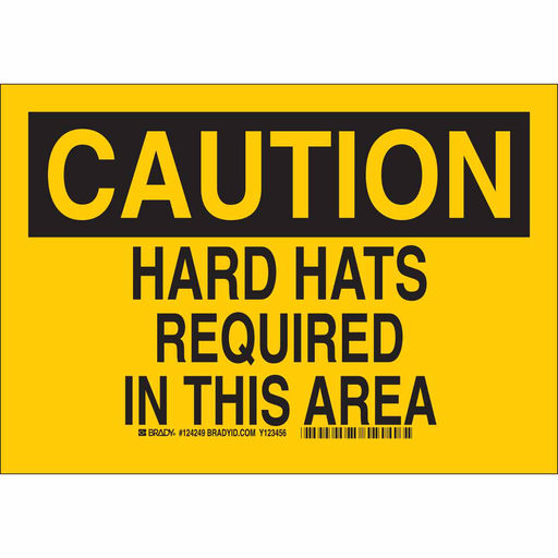 Product image for Brady 124251 CAUTION Hard Hats Required In This Area Sign, 10" H x 14" W x 0.06" D, Polystyrene