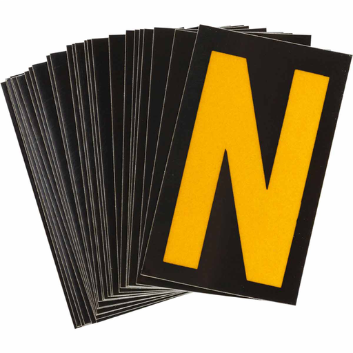 Product image for Brady 5000-N 5000 Series Reflective Number and Letter Labels, 2.875" H x 1.75" W, Pack of 25 Labels, Yellow on Black, N