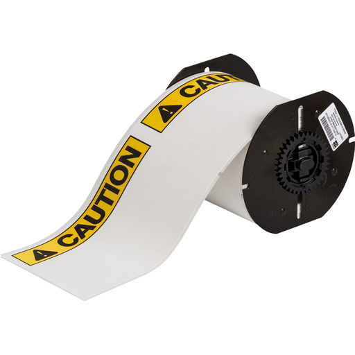 Product image for Brady B30-25-854-ANSICA B30 Series ToughWash Metal Detectable Polyester Labels w/CAUTION Header, 4" H x 6.25" W, Roll of 100 Labels, Black/Yellow on White